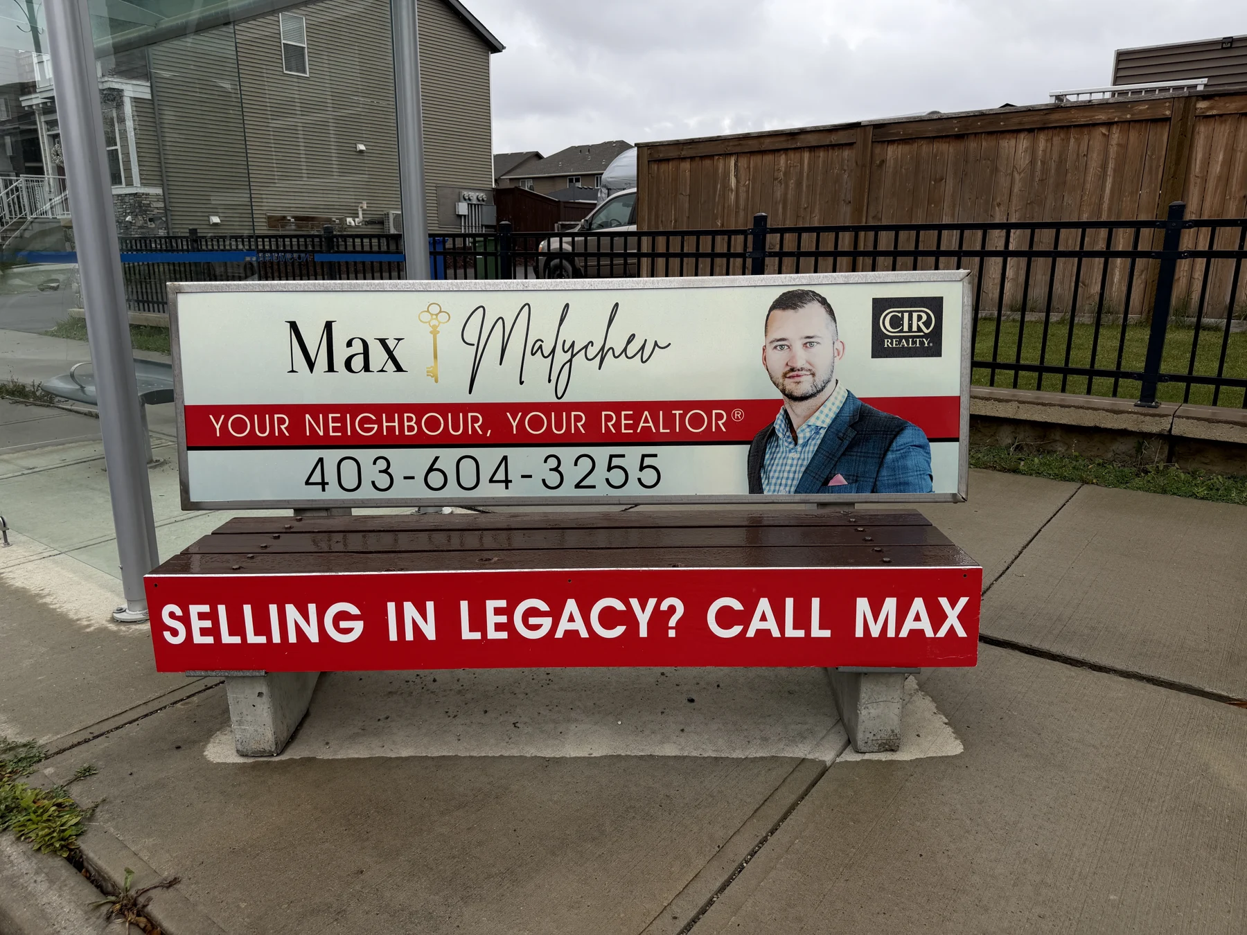 Max Malychev’s bus bench in Legacy: Selling in Legacy? Call Max.