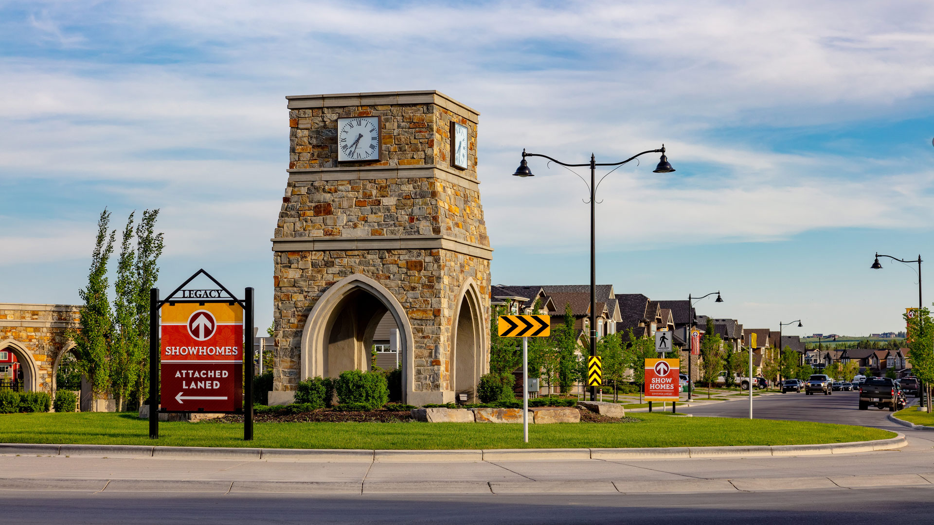 Clock tower at the entrance to Legacy, Calgary