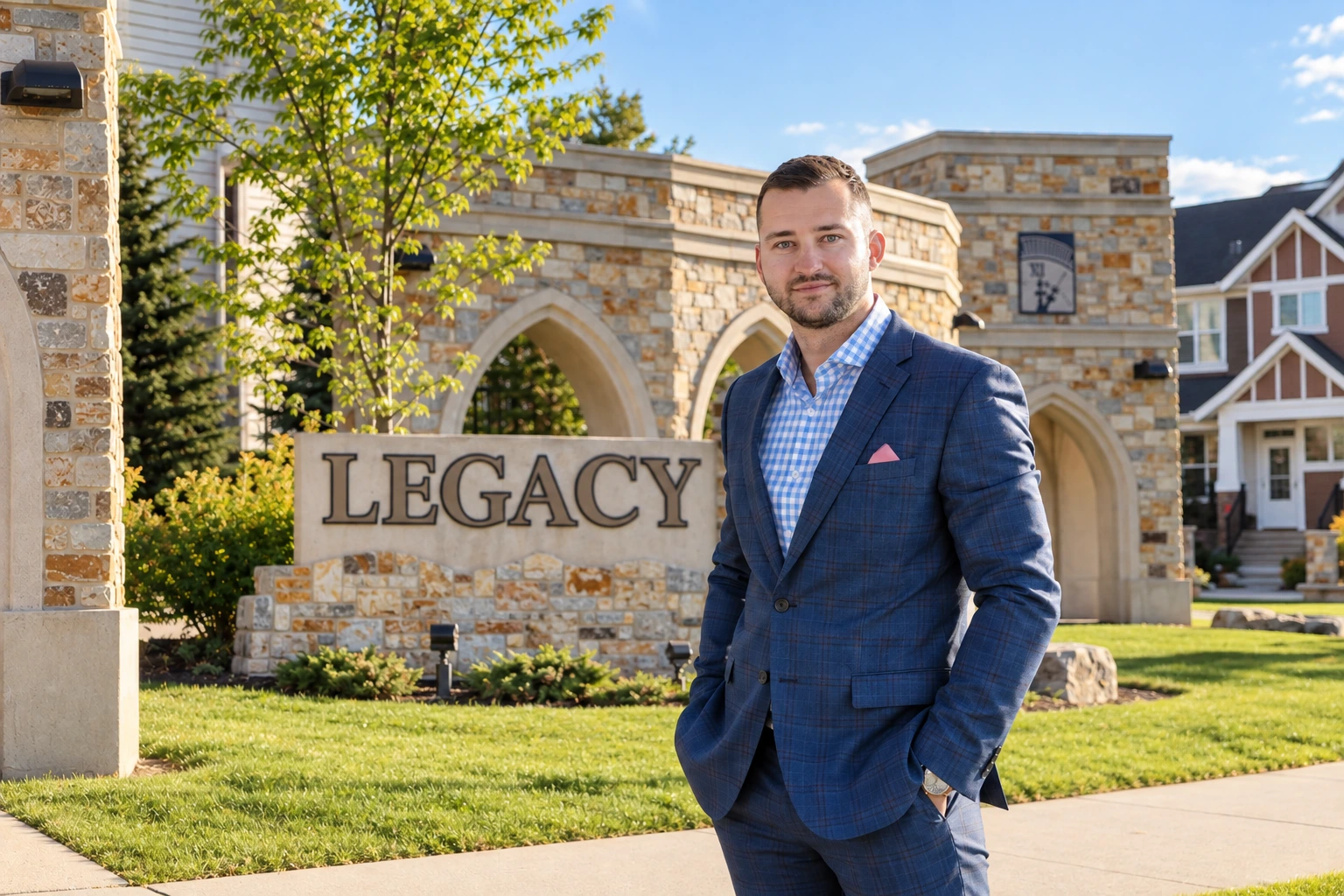 Max Malychev beside the Legacy neighbourhood sign in Calgary